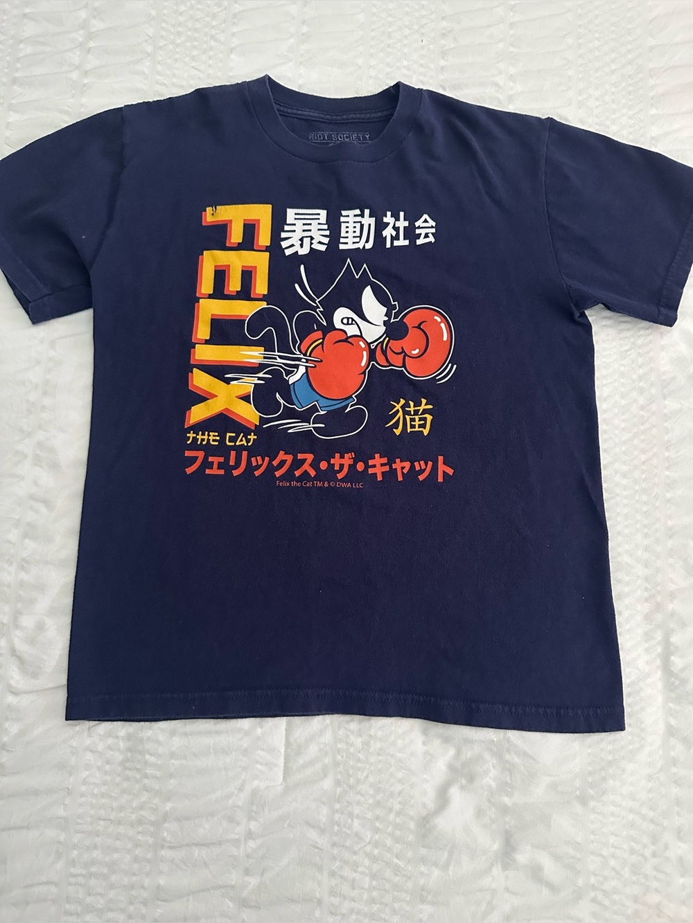 riot society Felix Boxing Cat Navy T-Shirt with Red Gloves Medium